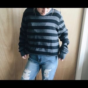 gray and black striped sweater